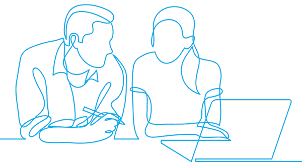 Line drawing on two people at a computer